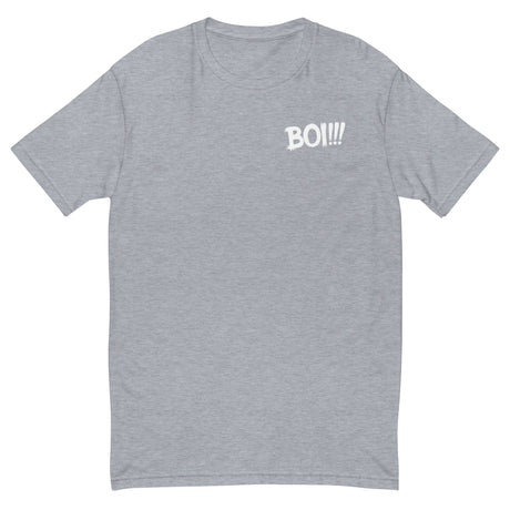 Gray "BOI!!!" t-shirt inspired by growth and mentorship, featuring minimalist text design on the front.