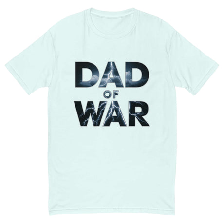 Thunderous 'Dad of War' t-shirt with lightning bolt letters and dark cloud design on a black background, inspired by epic tales.