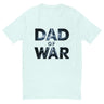 Thunderous 'Dad of War' t-shirt with lightning bolt letters and dark cloud design on a black background, inspired by epic tales.