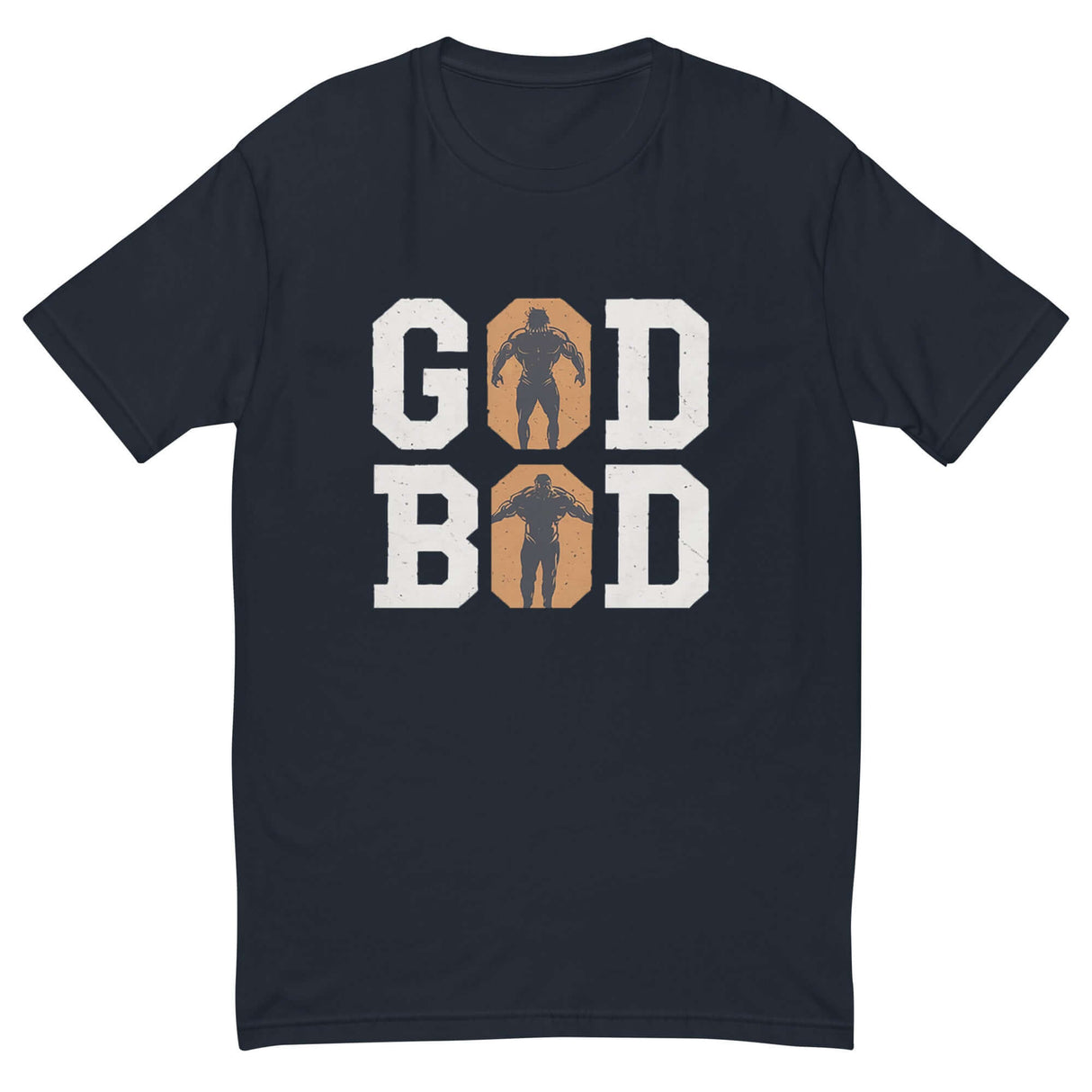 Black 'GOD BOD' t-shirt featuring bold white lettering with Greek athlete silhouettes in the 'O', echoing ancient warrior strength.