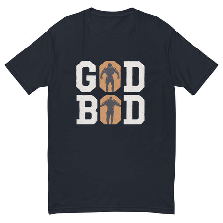 Black 'GOD BOD' t-shirt featuring bold white lettering with Greek athlete silhouettes in the 'O', echoing ancient warrior strength.