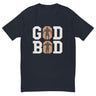 Black 'GOD BOD' t-shirt featuring bold white lettering with Greek athlete silhouettes in the 'O', echoing ancient warrior strength.