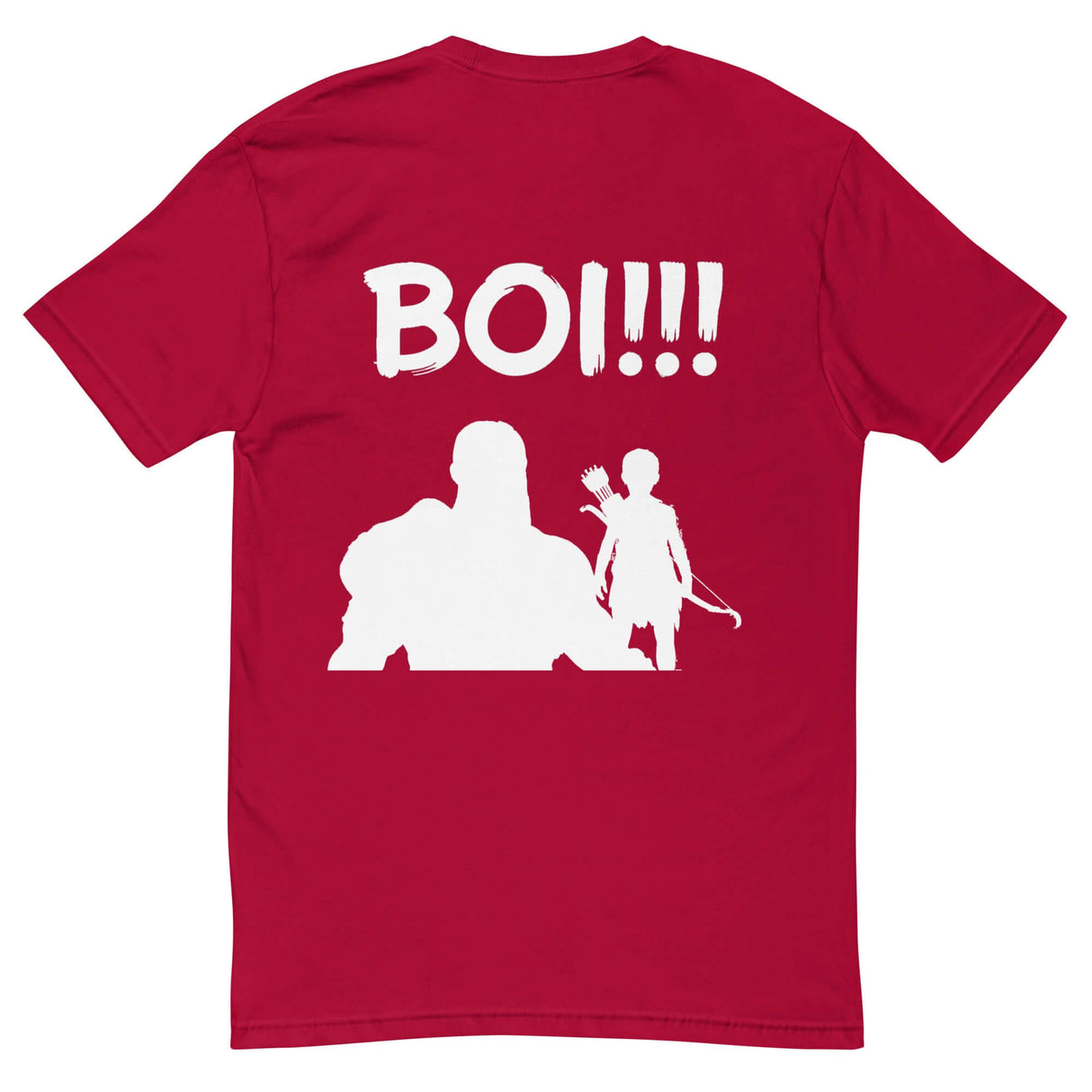 Red 'BOI!!!' t-shirt featuring silhouettes of a mentor figure and young protégé with bow and quiver, symbolizing growth and guidance.