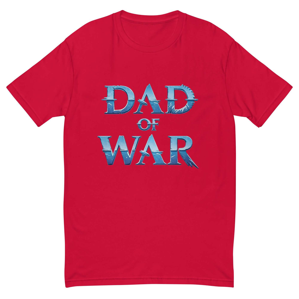 Red 'Dad of War' t-shirt with blue lettering, inspired by legendary battles and ancient warrior tales.