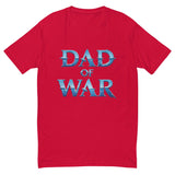 Red 'Dad of War' t-shirt with blue lettering, inspired by legendary battles and ancient warrior tales.