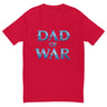 Red 'Dad of War' t-shirt with blue lettering, inspired by legendary battles and ancient warrior tales.