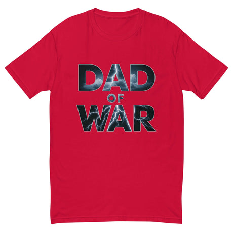 Red shirt with bold "Dad of War" lightning design on a dark background, inspired by legendary tales and untamed strength.