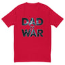 Red shirt with bold "Dad of War" lightning design on a dark background, inspired by legendary tales and untamed strength.