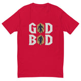 Red Olympian Strength 'GOD BOD' t-shirt with Greek font and silhouettes of deities.