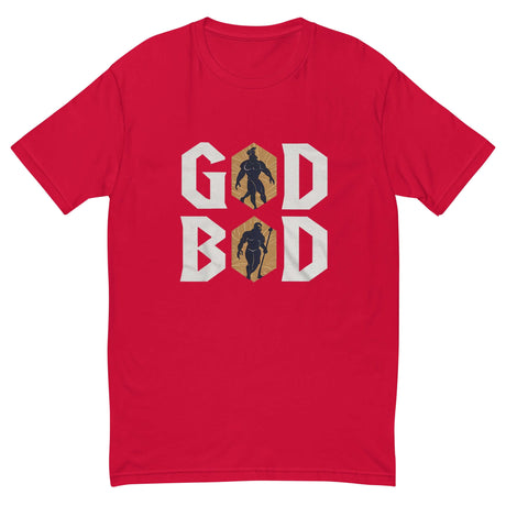 Red Olympian Strength 'GOD BOD' t-shirt with Greek font and silhouettes of deities.