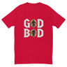 Red Olympian Strength 'GOD BOD' t-shirt with Greek font and silhouettes of deities.