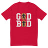 "Red GOD BOD t-shirt with Greek font and athlete silhouettes in 'O' letters, inspired by legendary warriors"