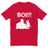 Red t-shirt with "BOI!!!" text and silhouette of a warrior with a young archer, embodying strength and mentorship.