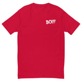 Red "BOI!!!" T-shirt featuring a minimalist design, symbolizing growth and mentorship.