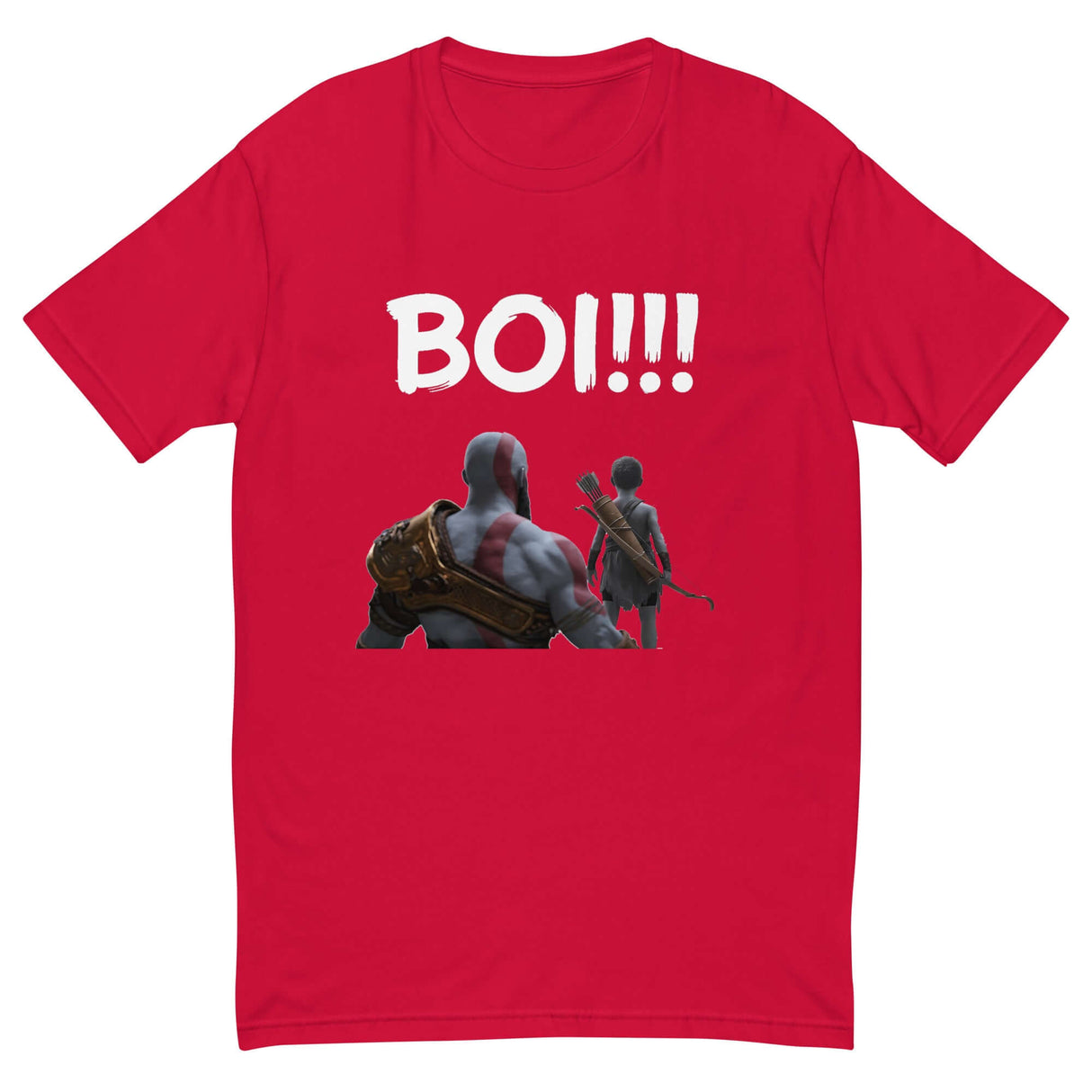 Red 'BOI!!!' t-shirt featuring a mentor and protégé design, capturing the essence of learning and growth with bow and quiver.