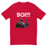 Red 'BOI!!!' t-shirt featuring a mentor and protégé design, capturing the essence of learning and growth with bow and quiver.