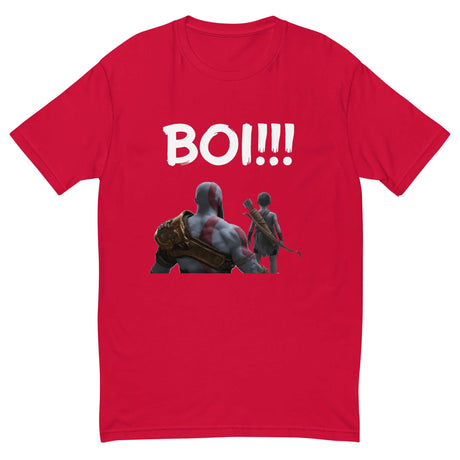 Red 'BOI!!!' t-shirt featuring a mentor and protégé design, capturing the essence of learning and growth with bow and quiver.