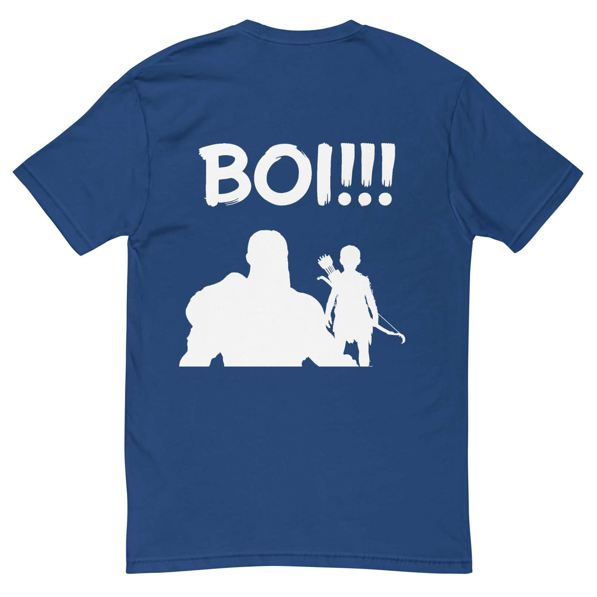 Blue 'BOI!!!' T-shirt featuring silhouette of a mentor and protégé with bow and quiver, symbolizing growth and guidance.