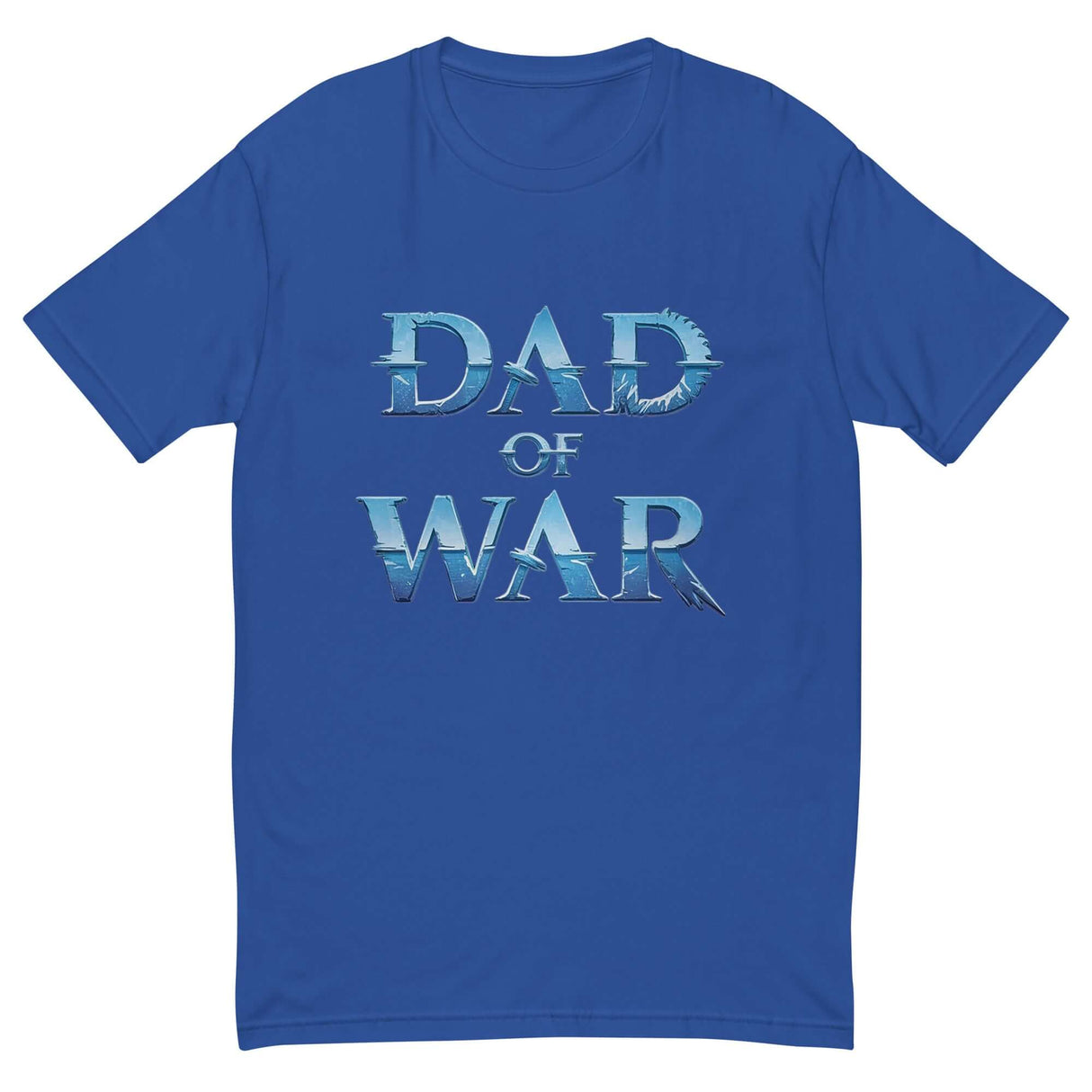 Blue 'Dad of War' warrior t-shirt with striking design inspired by legendary battles, featuring bold lettering in cool tones.