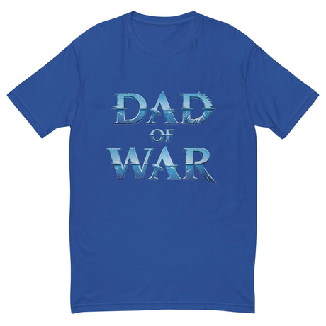 Blue 'Dad of War' warrior t-shirt with striking design inspired by legendary battles, featuring bold lettering in cool tones.