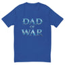 Blue 'Dad of War' warrior t-shirt with striking design inspired by legendary battles, featuring bold lettering in cool tones.