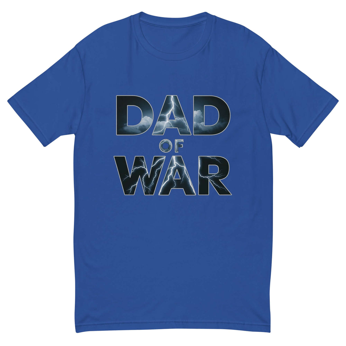 Blue 'Dad of War' t-shirt featuring lightning bolt letters on a dark cloud design, inspired by legendary tales and epic storms.