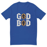 Blue 'GOD BOD' t-shirt with Greek font and muscular deities silhouette design, inspired by ancient Greek gods and Chris Judge's strength.