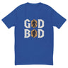 Blue 'GOD BOD' t-shirt with Greek font and muscular deities silhouette design, inspired by ancient Greek gods and Chris Judge's strength.