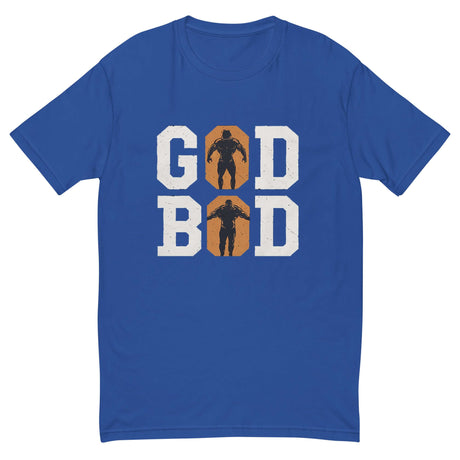 Blue GOD BOD t-shirt featuring ancient Greek font design and silhouettes of muscular athletes in the 'O' letters.