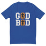 Blue GOD BOD t-shirt featuring ancient Greek font design and silhouettes of muscular athletes in the 'O' letters.