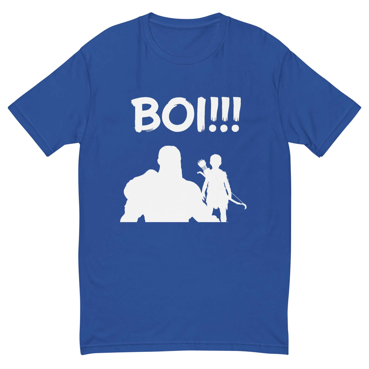 Blue t-shirt with bold "BOI!!!" text and silhouettes of a warrior and young archer, inspired by legendary mentorship themes.