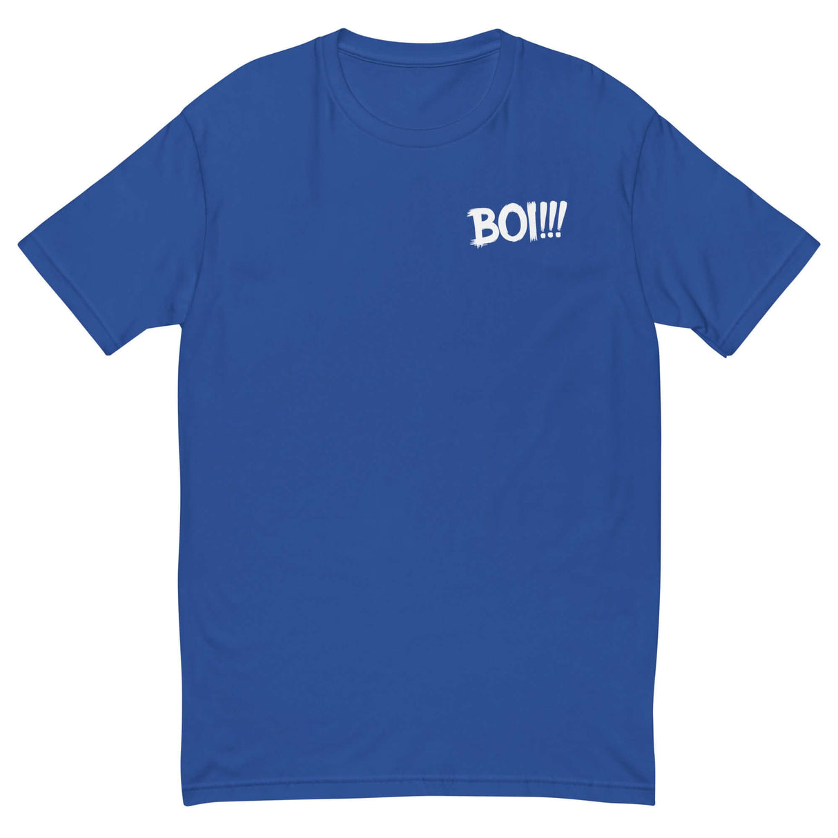 Blue t-shirt with "BOI!!!" text design, inspired by a mentor-protégé bond, symbolizing growth and admiration.