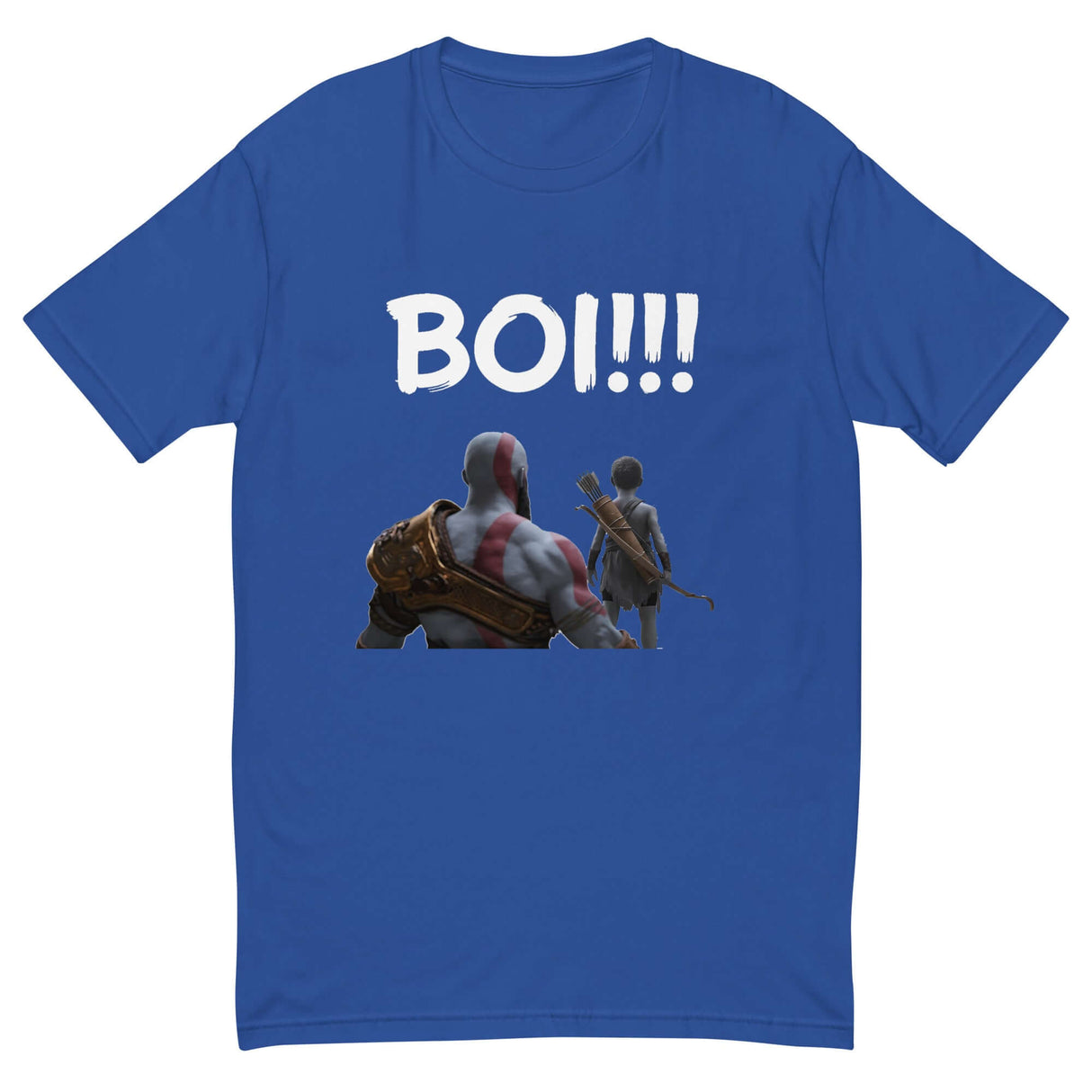 "Mentor's Call 'BOI!!!' T-Shirt featuring silhouette design of mentor and youth with bow on blue fabric"