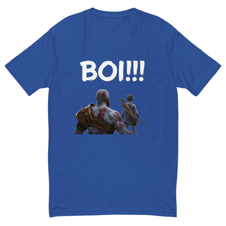 "Mentor's Call 'BOI!!!' T-Shirt featuring silhouette design of mentor and youth with bow on blue fabric"