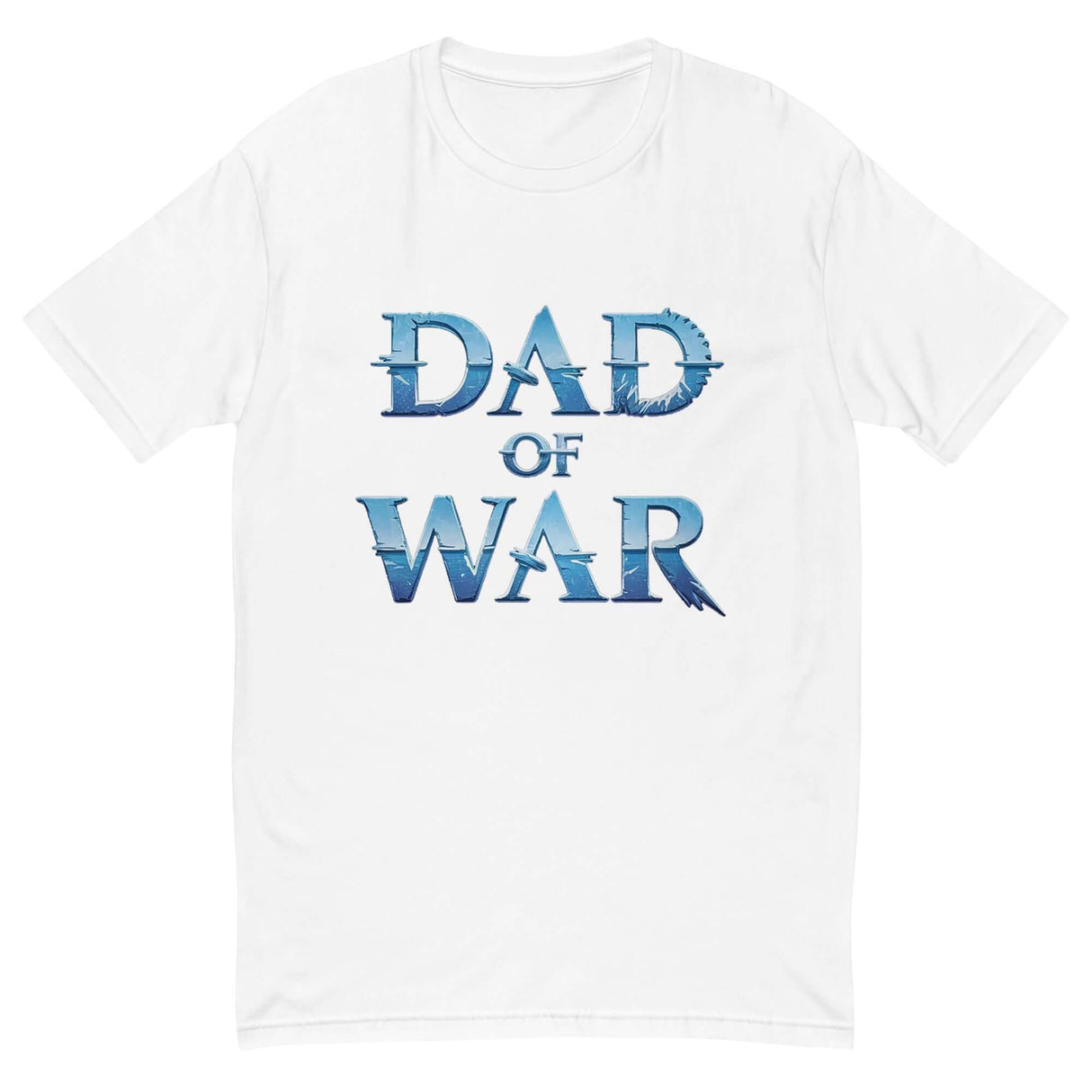 White 'Dad of War' t-shirt with blue lettering, inspired by legendary warrior themes and epic stories, perfect for making a bold statement.