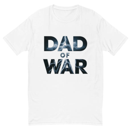 "Thunderous 'Dad of War' Lightning Shirt with bold letters and dark cloud design on a white t-shirt"