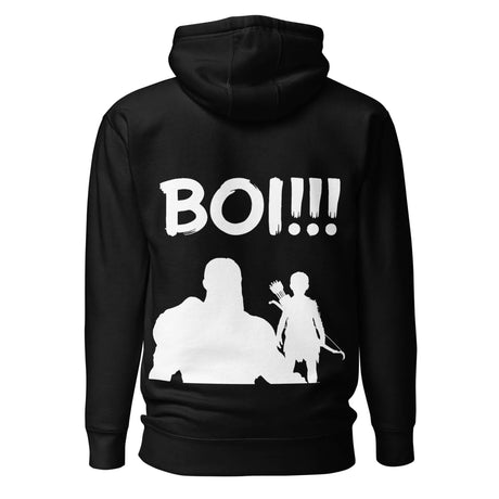 Legendary Journey 'BOI!!!' hoodie featuring silhouettes of mentor and protégé with bow and quiver, inspired by growth and mentorship.