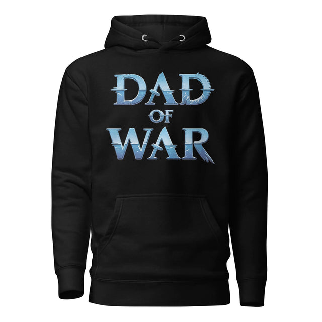 Black hoodie with "DAD of WAR" design in blue lettering, inspired by epic sagas. Comfortable streetwear, featuring a champion's style.