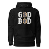 "Black GOD BOD hoodie with Greek font and deity silhouettes on chest, inspired by ancient gods for timeless power and style"