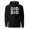 "Black GOD BOD hoodie with Greek font and deity silhouettes on chest, inspired by ancient gods for timeless power and style"