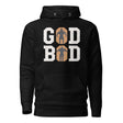 Black hoodie with bold white "GOD BOD" text and Greek athlete silhouettes, inspired by ancient Greece and Chris Judge's strength.