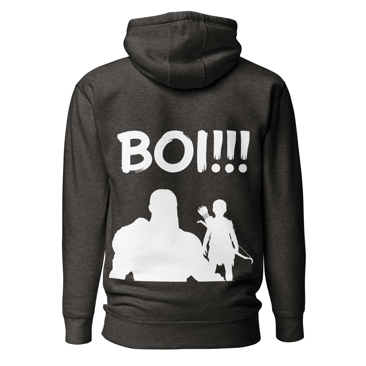 Legendary Journey 'BOI!!!' Hoodie featuring silhouette of mentor and protégé, symbolic of growth and mentorship, on dark fabric.