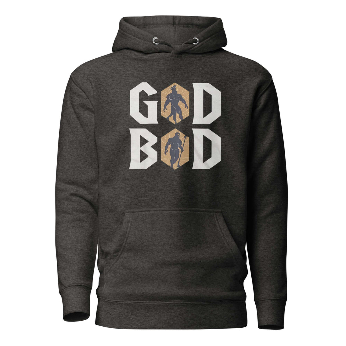 Divine Power GOD BOD hoodie with ancient Greek font and deity silhouette, symbolizing strength and grandeur, by Chris Judge.