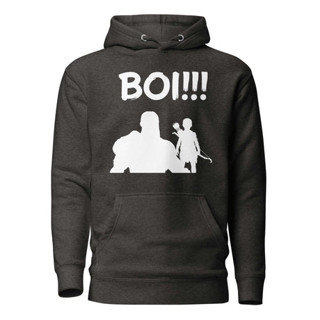 Legendary 'BOI!!!' hoodie featuring silhouettes of a seasoned warrior and young archer, symbolizing mentorship and strength.