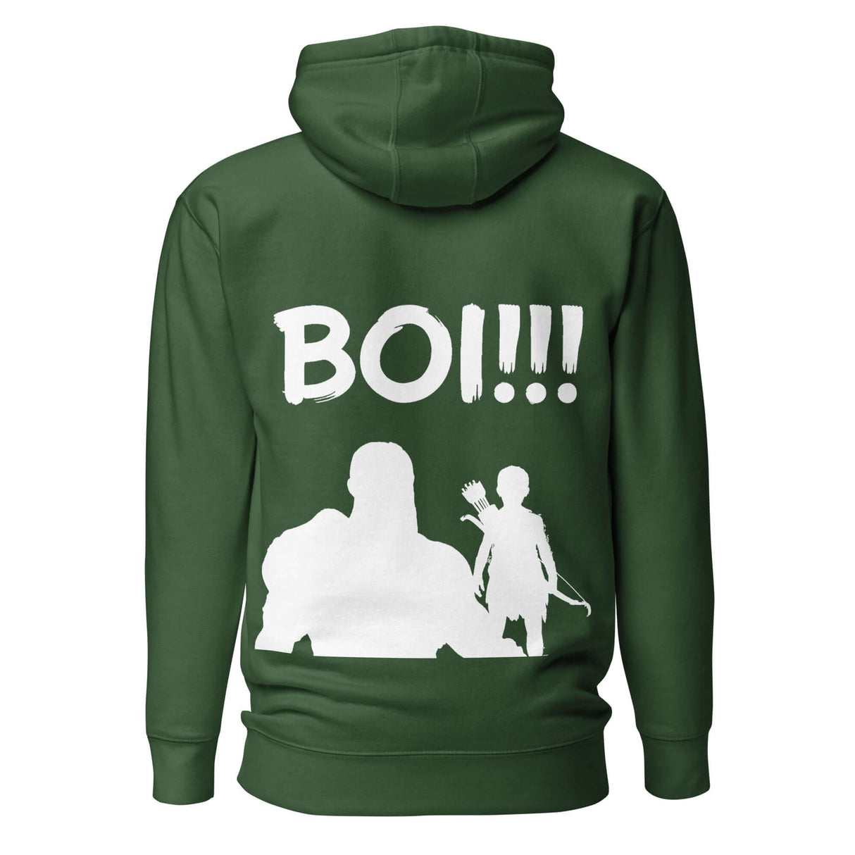 Green 'BOI!!!' hoodie featuring silhouettes of young archer with bow and seasoned mentor, symbolizing growth and mentorship.