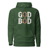 Green 'GOD BOD' hoodie with ancient Greek font and deity silhouette, inspired by Greek gods' strength and grandeur.