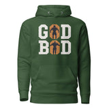 Green "GOD BOD" hoodie featuring bold white letters and silhouettes of muscular Greek athletes, inspired by Olympian strength.