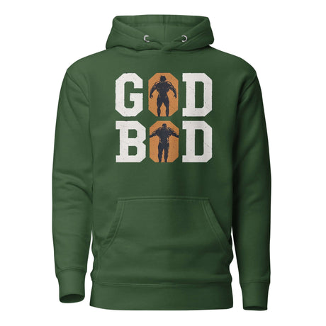 Green "GOD BOD" hoodie featuring bold white letters and silhouettes of muscular Greek athletes, inspired by Olympian strength.