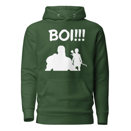 Green 'BOI!!!' hoodie with warrior and young archer silhouette, symbolizes mentorship and strength, inspired by Chris Judge portrayals.