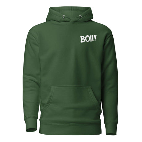 Green "BOI!!!" hoodie symbolizing growth and mentorship, featuring a bold white text on the front.